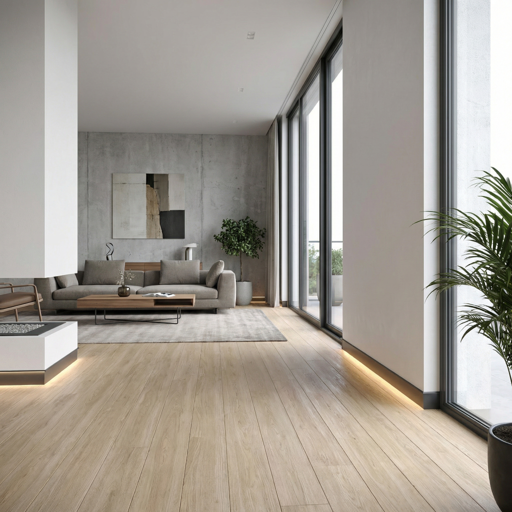 Nowoczesny salon z aluminiowymi listwami przypodłogowymi